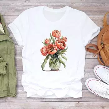 (Азиатский размер) Женская футболка с принтом в цветочном стиле 90-х годов, милая трендовая одежда, повседневная женская модная футболка с коротким рукавом, женская футболка с графическим рисунком S