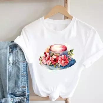 (Азиатский размер) Женская футболка с принтом, верхняя одежда, акварель, цветочный тренд, милая модная футболка 90-х годов, повседневная женская футболка с коротким рукавом и графическим рисунком S