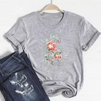 (Азиатский размер)Женская футболка с принтом, женская футболка с цветочным принтом, акварель, сладкий тренд, одежда с графикой 90-х годов, повседневная футболка с коротким рукавом, модная футболка S