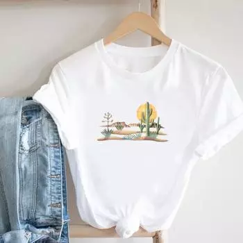 (Азиатский размер)Женская футболка с принтом, женское растение кактуса, милая трендовая футболка 90-х годов, модная футболка, одежда, повседневная футболка с коротким рукавом и графикой S