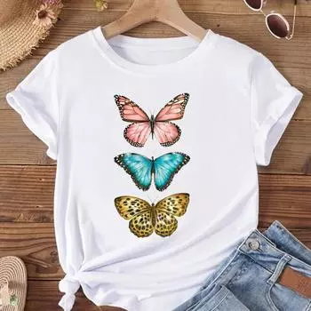 (Азиатский размер) Женская футболка с рисунком бабочки и милой 90-х годов, модная футболка с принтом, женские футболки с коротким рукавом и графикой S