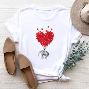(Азиатский размер) Женская футболка со слоном Love Sweet в стиле 90-х годов, милая одежда с принтом, модная футболка, женские футболки с коротким рукавом и графикой S