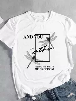 (Азиатский размер) Женская футболка со стрекозой и буквами в стиле 90-х, верхняя одежда, повседневная модная женская футболка с короткими рукавами и принтом, женские футболки с графическим рисунком S