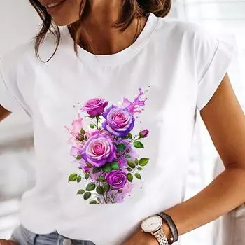 (Азиатский размер) Женская футболка Топ-тренд акварель милый 90-е Одежда Повседневная печать короткий рукав футболка модные принтованные женские графические футболки S
