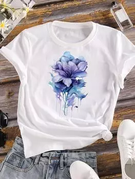 (Азиатский размер) Женская футболка Топ-тренд Цветок Милая Одежда 90-х Повседневная Футболка с коротким рукавом Модные принты Женские Графические Футболки S