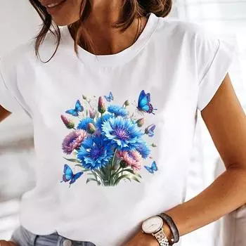 (Азиатский размер) Женская футболка Верхняя одежда Цветочная бабочка 90-х Повседневная печать Футболка с коротким рукавом Модные женские принтованные графические футболки S
