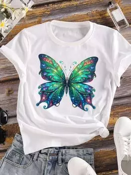 (Азиатский размер) Женская футболка Верхняя одежда Милая бабочка тренд Повседневная Цветочная мода с коротким рукавом Футболка с принтом Женская графическая футболка S