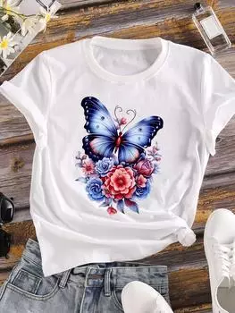 (Азиатский размер) Женская футболка Верхняя одежда Повседневная Цветочная мода бабочка цветок милая футболка с коротким рукавом Принт Женская графическая футболка S