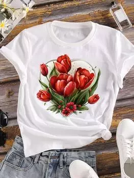(Азиатский размер) Женская футболка Верхняя одежда Повседневная Цветочная модная футболка с коротким рукавом с принтом Женская акварельная цветочная женская графическая футболка S