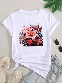(Азиатский размер) Женская футболка в акварельном цветочном стиле, милая, милая одежда, повседневная футболка с коротким рукавом, модная женская футболка с принтом и графическим принтом S