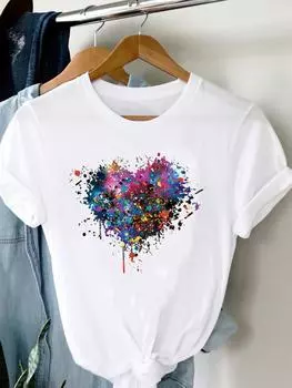 (Азиатский размер) Женская футболка в акварельном стиле с коротким рукавом и модным принтом, верхняя одежда, повседневная футболка, женские футболки с графикой S