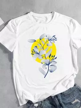 (Азиатский размер) Женская футболка в цветочном стиле, милая модная футболка с короткими рукавами и принтом 90-х, женская одежда, повседневная футболка, женские футболки с графикой S
