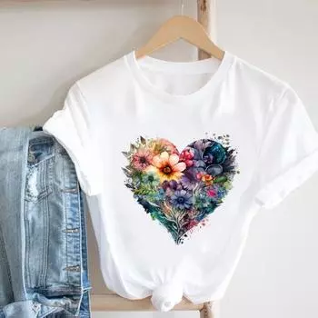 (Азиатский размер) Женская футболка в стиле Love Heart с милым принтом 90-х годов, модная футболка, повседневная женская футболка с коротким рукавом и графическим рисунком S