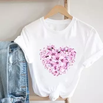 (Азиатский размер) Женская футболка в стиле Love Heart с милым принтом 90-х годов, модная футболка, повседневная женская футболка с коротким рукавом и графическим рисунком S