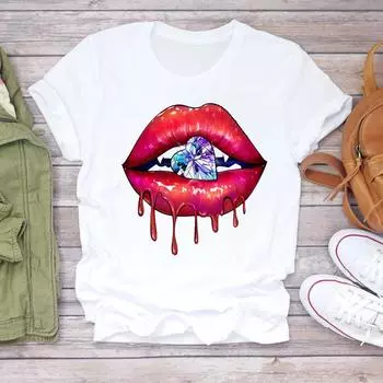 (Азиатский размер) Женская футболка в стиле мультфильма с милым принтом в стиле губ, верхняя одежда, повседневная модная футболка с короткими рукавами, женская футболка с графическим рисунком S