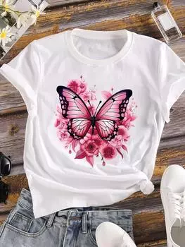 (Азиатский размер) Женская футболка, верхняя одежда, акварель, милый стиль 90-х, повседневная футболка с коротким рукавом и цветочным принтом, модные женские графические футболки S