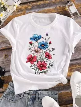 (Азиатский размер) Женская футболка, верхняя одежда, цветочный тренд 90-х, повседневная футболка с коротким рукавом и цветочным принтом, модные женские графические футболки S