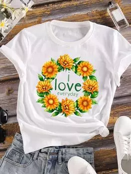 (Азиатский размер) Женская футболка, верхняя одежда, милый цветочный стиль, повседневная футболка с коротким рукавом и цветочным принтом, модные женские графические футболки S