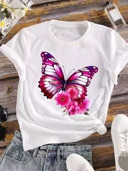 (Азиатский размер) Женская футболка, верхняя одежда, повседневная футболка с коротким рукавом и цветочным принтом, модная бабочка, милая женская футболка в стиле 90-х с графическим принтом S