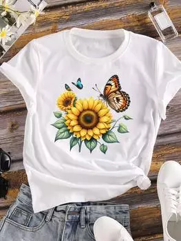 (Азиатский размер) Женская футболка, верхняя одежда, повседневная, с цветочным принтом, с милым цветком и бабочкой, с коротким рукавом, женская футболка с принтом и графическим принтом для женщин S