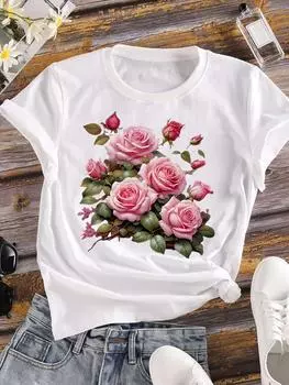 (Азиатский размер) Женская футболка, верхняя одежда, повседневная модная футболка с коротким рукавом и цветочным принтом, женская футболка с милым принтом и симпатичной графикой для леди S
