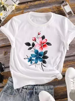 (Азиатский размер) Женская футболка, верхняя одежда, прекрасный тренд, повседневная футболка с коротким рукавом и цветочным принтом, модные женские графические футболки S