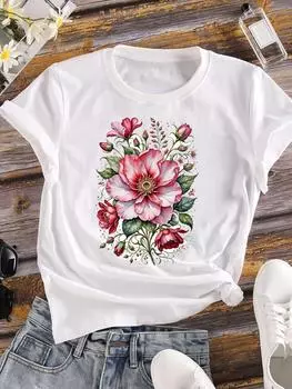 (Азиатский размер) Женская футболка, верхняя одежда, тренд, прекрасный цветок, повседневная футболка с коротким рукавом, модный принт, женские графические футболки S