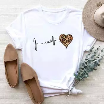 (Азиатский размер) Женская леопардовая футболка Love Heart Trend, милая одежда 90-х годов, футболка с принтом, модная футболка, женские футболки с коротким рукавом и графикой S