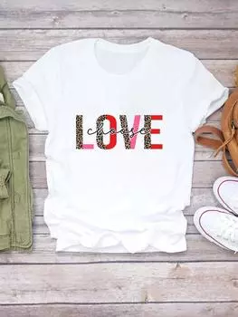 (Азиатский размер) Женская леопардовая футболка с надписью «Love Trend», милая модная женская футболка с коротким рукавом 90-х годов, верхняя одежда, повседневная футболка, женские футболки с графическим рисунком S