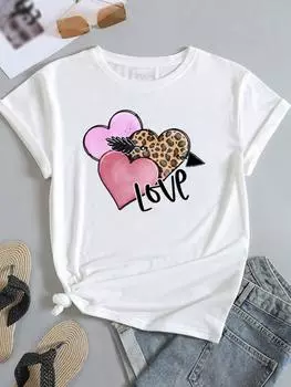 (Азиатский размер) Женская леопардовая милая модная футболка с короткими рукавами и сердечками, одежда с принтом, женская повседневная футболка, женские футболки с графикой S