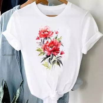 (Азиатский размер) Женская милая акварельная трендовая футболка с принтом 90-х годов, женская футболка с короткими рукавами, верхняя одежда, повседневная модная футболка, женская футболка с графическим рисунком S