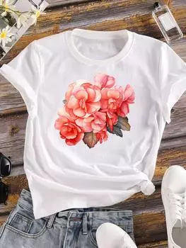 (Азиатский размер) Женская милая цветочная трендовая стильная модная футболка с коротким рукавом, одежда с принтом, женская повседневная футболка, женские футболки с графикой S