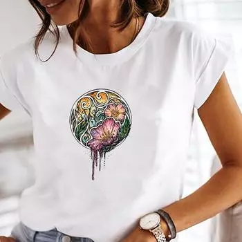 (Азиатский размер)Женская милая футболка с цветочным принтом, модная винтажная футболка с рисунком, одежда, повседневная футболка с коротким рукавом и графикой S