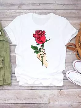 (Азиатский размер) Женская милая футболка с коротким рукавом и модным принтом на день Святого Валентина, верхняя одежда, повседневная футболка, женские футболки с графикой S