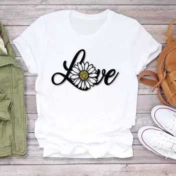 (Азиатский размер) Женская милая футболка с принтом «Любовное письмо», милая футболка 90-х годов, одежда с цветочным рисунком, модная футболка, повседневная женская футболка с коротким рукавом с графическим рисунком S