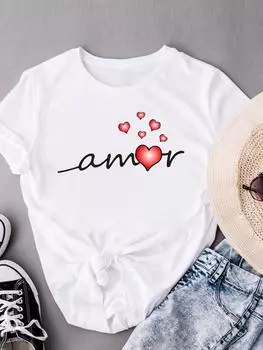 (Азиатский размер) Женская милая любовная тенденция 90-х годов, милая модная женская футболка с коротким рукавом и принтом, верхняя одежда, повседневная футболка, женские футболки с графическим рисунком S
