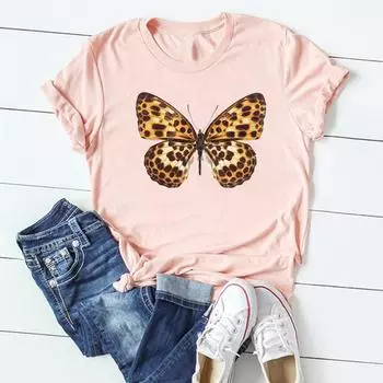 (Азиатский размер)Женская милая модная футболка с бабочкой и милым принтом, модная футболка с коротким рукавом, одежда, повседневная женская футболка с рисунком S