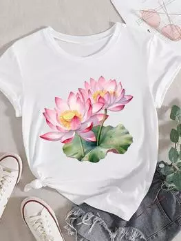 (Азиатский размер) Женская милая модная футболка с коротким рукавом в стиле 90-х с цветочным принтом, женская повседневная футболка с принтом, женские футболки с графикой S