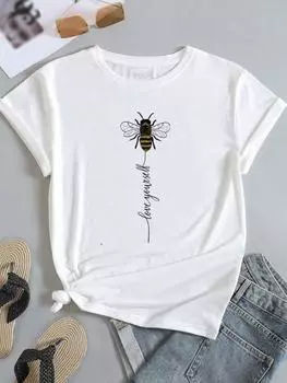 (Азиатский размер) Женская милая стильная футболка с изображением пчелы, модная модная футболка с короткими рукавами, одежда с принтом, женская повседневная футболка, женские футболки с графикой S