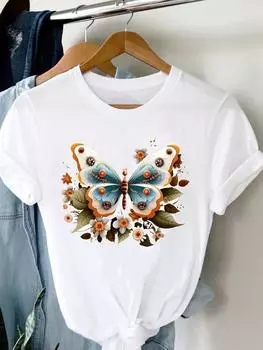 (Азиатский размер) Женская милая стильная трендовая бабочка с коротким рукавом, модная женская футболка с принтом, верхняя одежда, повседневная футболка, женские футболки с графикой S
