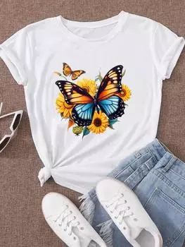 (Азиатский размер) Женская милая трендовая модная одежда 90-х годов с бабочкой и коротким рукавом, повседневная футболка, женская футболка с принтом, футболки с графическим рисунком S