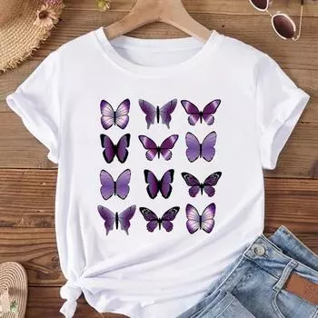 (Азиатский размер) Женская мода, милая футболка в стиле 90-х с бабочкой, одежда, футболка с принтом, женские футболки с коротким рукавом и графикой S