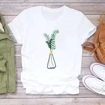 (Азиатский размер) Женская мода, милый стиль, трендовая футболка с растительным принтом, футболка с принтом, женские футболки с короткими рукавами и графикой S