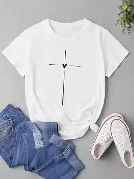 (Азиатский размер) Женская модная футболка Faith Love Trend, милый стиль, модная футболка с короткими рукавами, одежда с принтом, женская повседневная футболка, женские футболки с графикой S