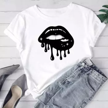 (Азиатский размер) Женская модная футболка Lip Love Trend, милая милая женская футболка, футболка с короткими рукавами и принтом, футболки с графикой S