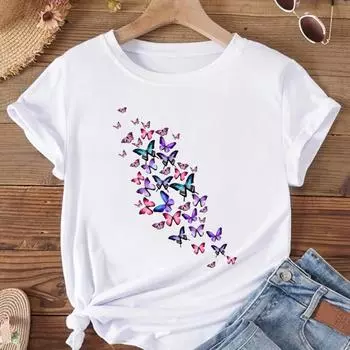 (Азиатский размер) Женская модная футболка, одежда, летняя футболка с принтом бабочки в стиле 90-х, женская футболка с коротким рукавом и графикой S
