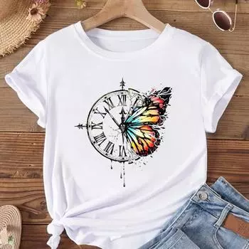 (Азиатский размер) Женская модная футболка, одежда в винтажном стиле, футболка с мультяшным принтом бабочки, женские футболки с короткими рукавами и графикой S