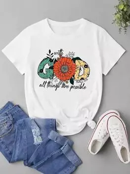 (Азиатский размер) Женская модная футболка с цветочным принтом и буквами, милый стиль, модная футболка с коротким рукавом, одежда с принтом, женская повседневная футболка, женские футболки с графикой S
