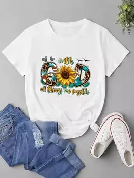 (Азиатский размер) Женская модная футболка с цветочным принтом Faith Trend, милый стиль, модная футболка с коротким рукавом, одежда с принтом, женская повседневная футболка, женские футболки с графикой S