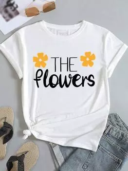 (Азиатский размер) Женская модная футболка с цветочным принтом и буквами, милая, милая, с коротким рукавом, одежда, женская повседневная футболка с принтом, женские футболки с графическим рисунком S